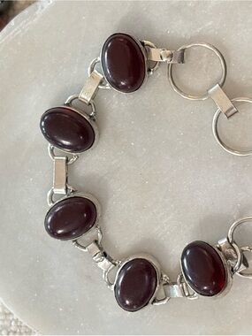 Silver Link Bracelet with Deep Garnet Oval Stones